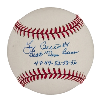 Yogi Berra Signed and Inscribed "Beat Dem Bums" Official Gene Budig American League Baseball (PSA/DNA)